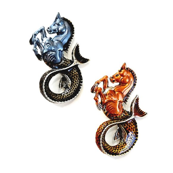 New Hippocampus Water Horse Mythology Pin Brooch Pendant Blue Orange Silver - Picture 1 of 9